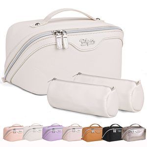 Travel Makeup Bags For Women: Vegan Leather Cosmetic Bag Set Of 3 - Large😄